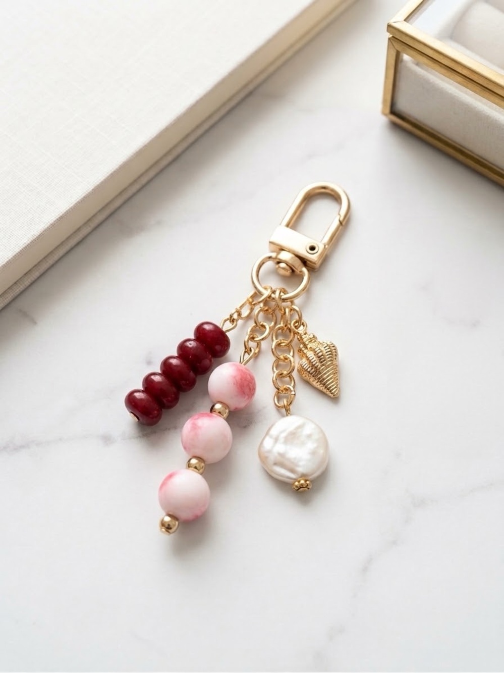 Gold-Tone Pink & Burgundy Beaded Bag Charm Keychain with Shell & Faux Pearl